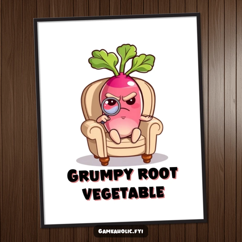 Funny digital art print of a grumpy radish character seated in a miniature armchair, using a magnifying glass with a stern expression.