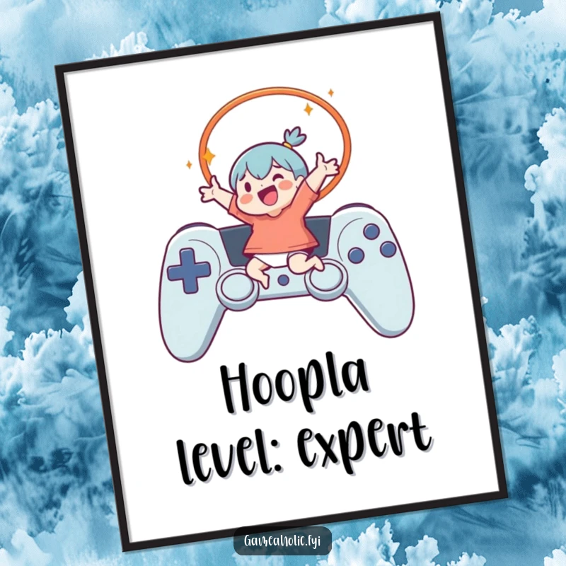 Funny Digital Art Print of a character energetically leaping through a controller hoop, a dynamic and humorous piece for gamers' screens.