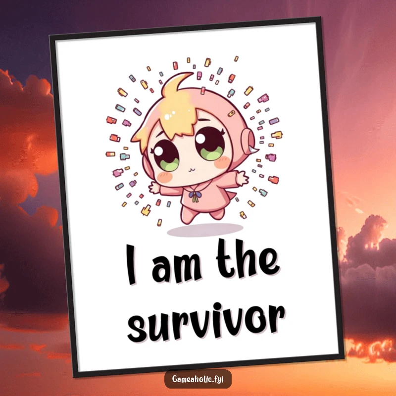 Funny Pixel Bullet Digital Art Print: High-resolution printable art of a character with wide eyes dodging tiny pixelated bullets, ideal for retro gaming decor.