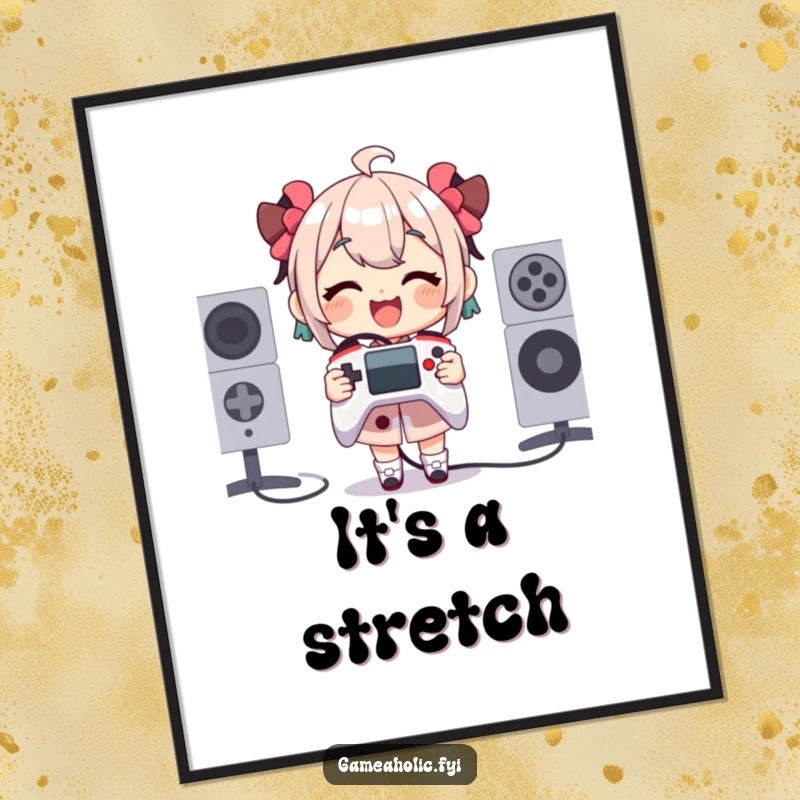 Funny Digital Art Print of a character gleefully holding a tiny, comically oversized game controller, a humorous and charming piece.