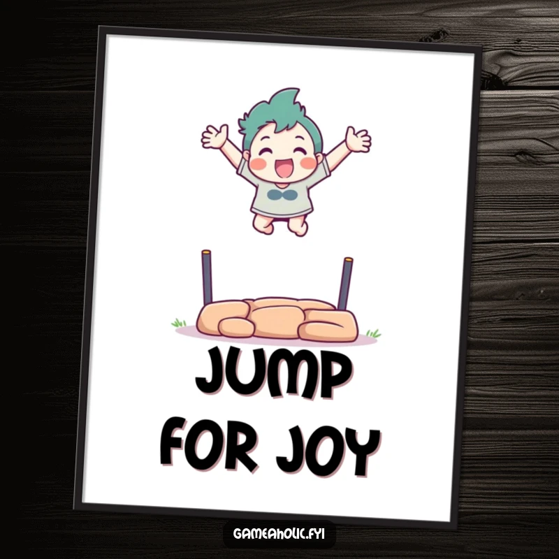 Funny digital art of a character excitedly leaping over a virtual obstacle with arms outstretched.