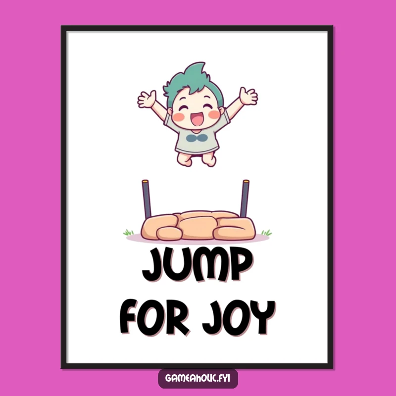 Funny Virtual Athlete Digital Art: Excited Character Leaps Over Obstacle, Instant Decor