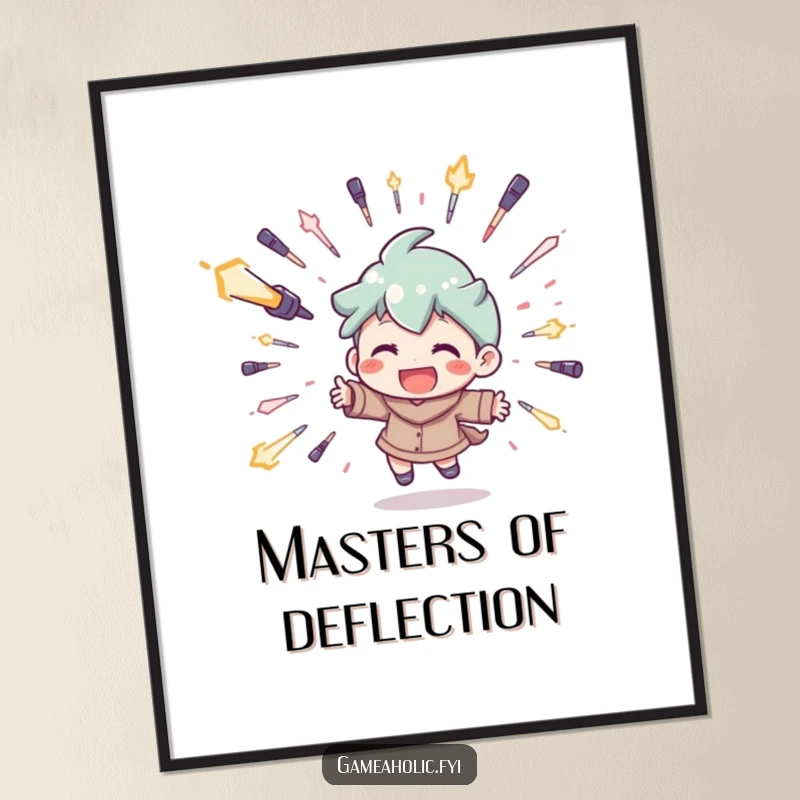 Funny digital art print of a character grinning widely while expertly dodging a shower of digital projectiles, perfect for gamer decor.