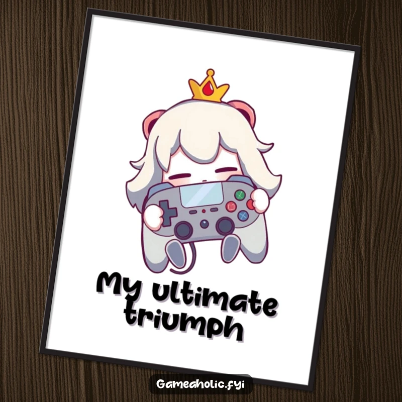 Funny digital art of a character hugging a video game controller, perfect for gamer wall art.