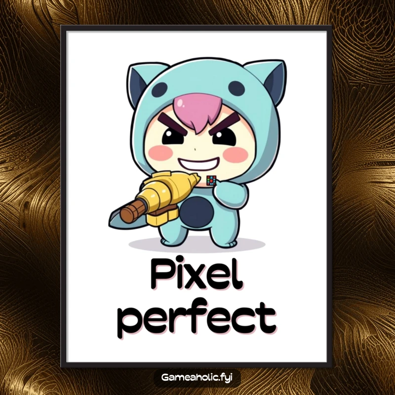 Funny archer digital art print of a determined character aiming a miniature pixelated target, perfect for focused decor.