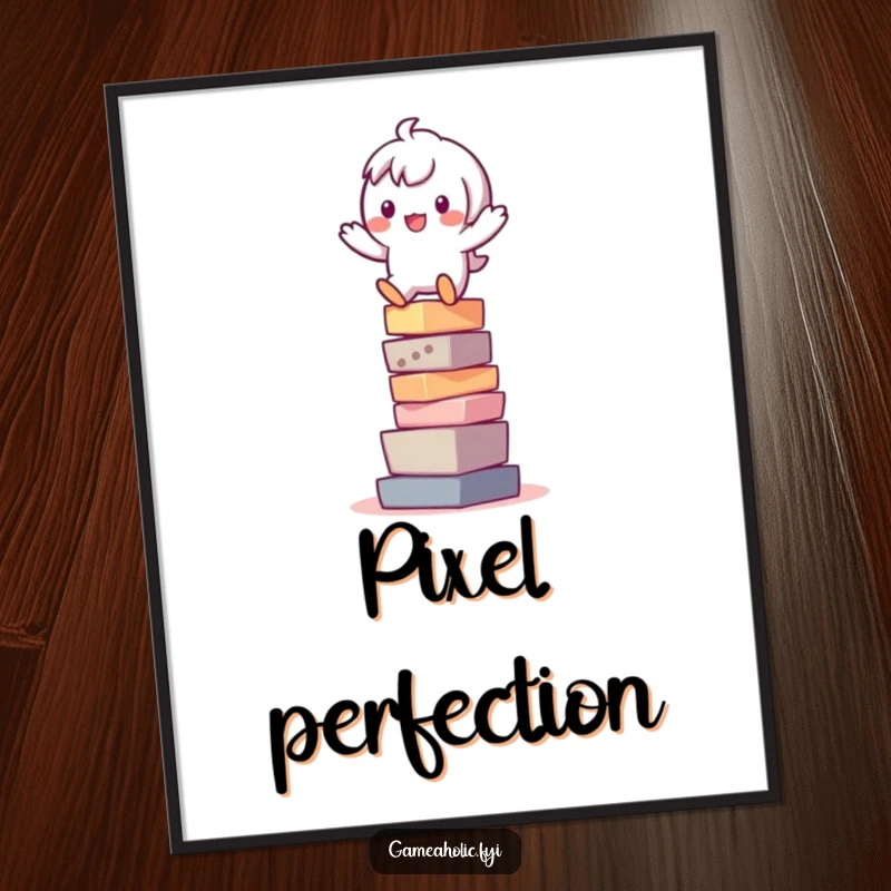 Funny digital art print of a playful character wobbling on a stack of pixels, perfect for tech-themed room decor.