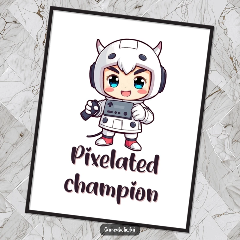 Funny digital art print of a proud character striking a triumphant pose, proudly holding a video game controller.