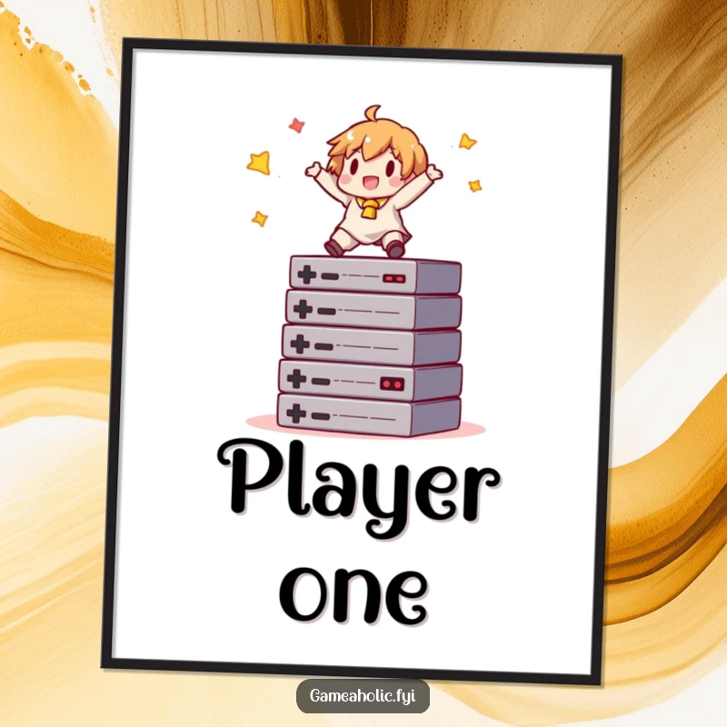 Funny gamer digital art print of a character joyfully balancing on a stack of game cartridges, perfect for gaming decor.