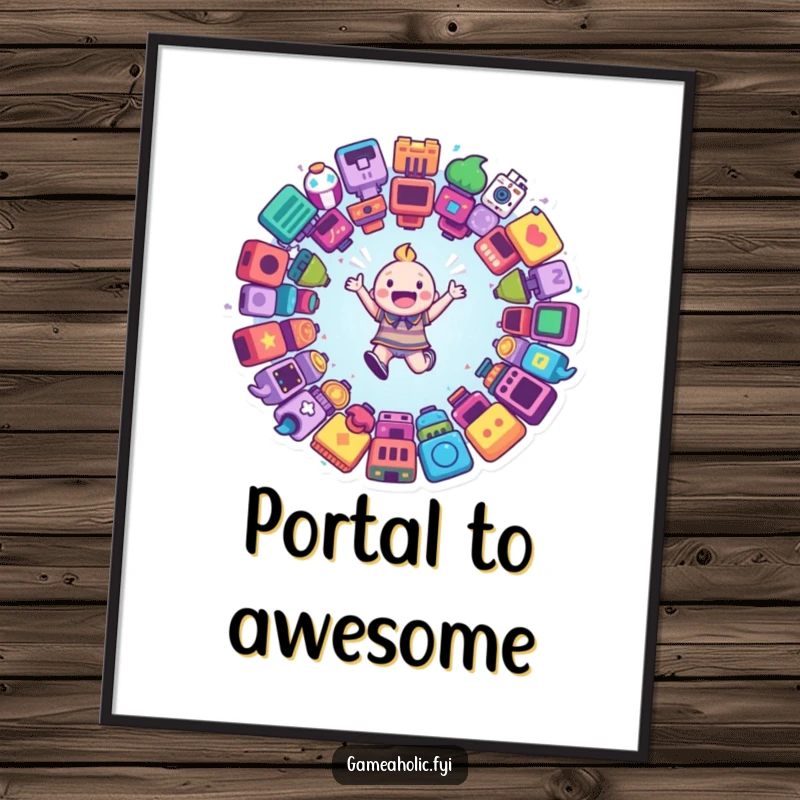 Funny digital art print of a happy character joyfully leaping into a swirling portal decorated with game icons, perfect for gamer rooms.