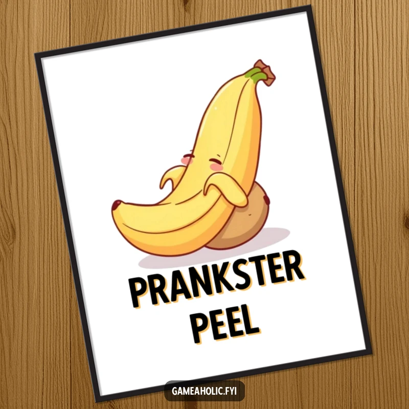 Funny digital art print of a grinning banana peel causing a sleepy potato to stumble and roll, perfect for comedy lovers.