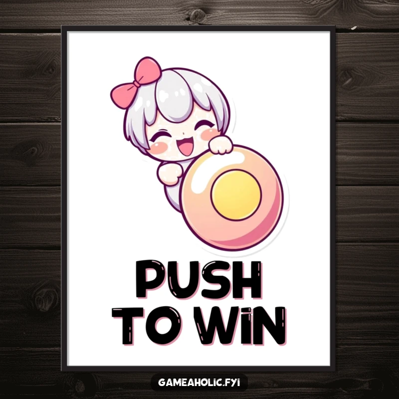 Funny digital art print of a cute character joyfully mashing a huge, illuminated button, ideal for gamer wall decor.