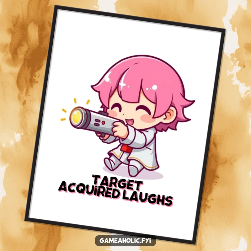 Funny digital art print of a character aiming a glowing joystick with intense focus, perfect for gamer wall art.