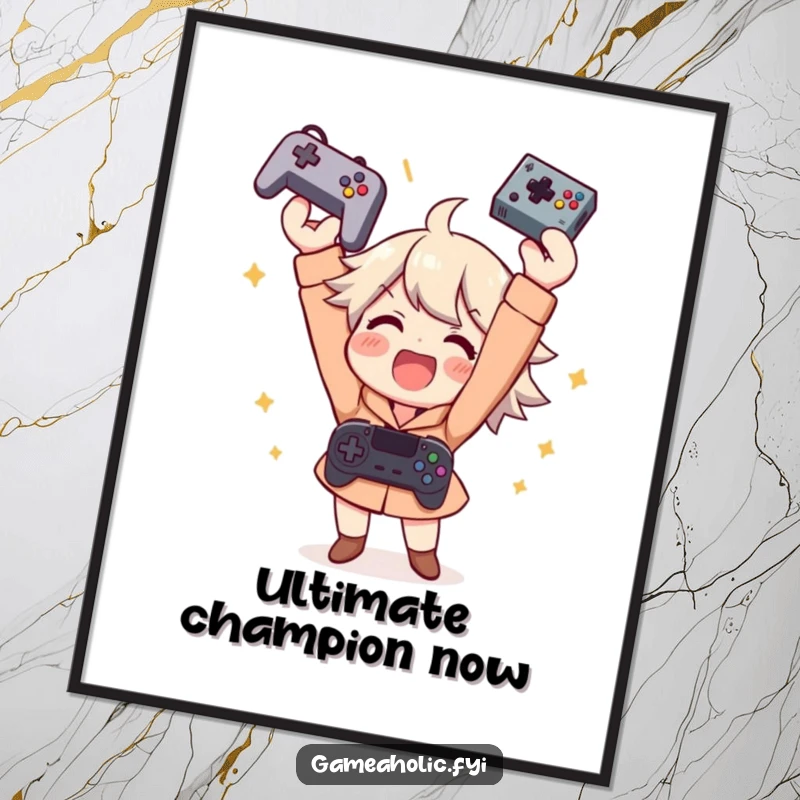 Funny digital art of a gamer character exultantly throwing a controller in the air, smiling widely in a moment of pure gaming triumph.