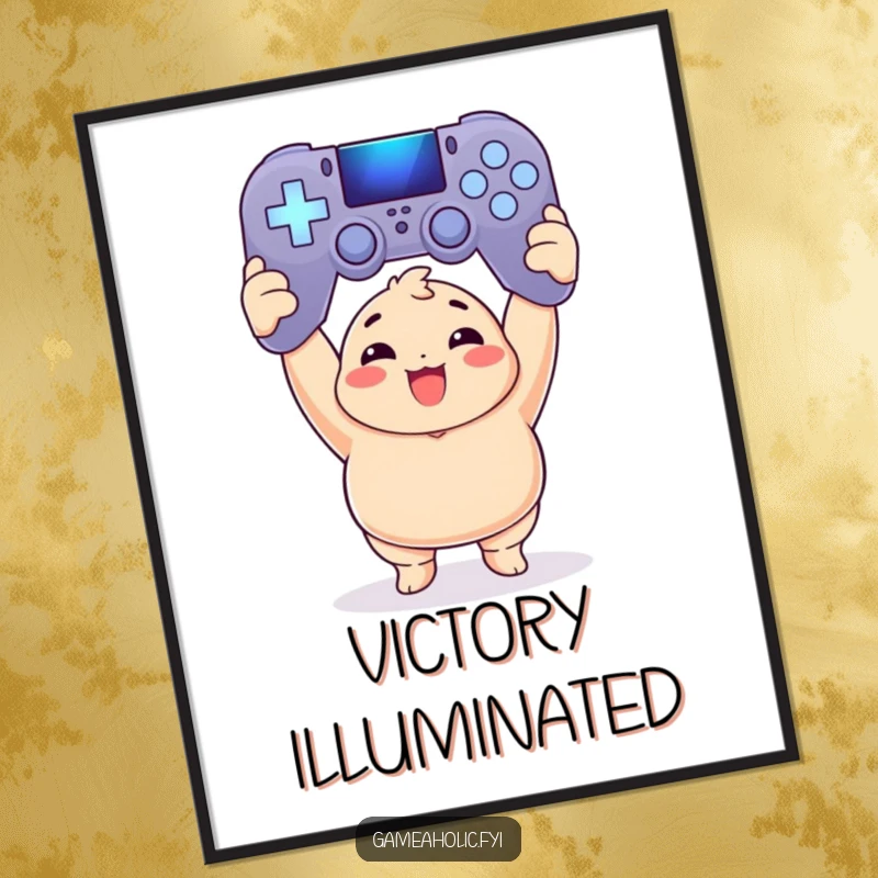 Funny Digital Art: Chubby gamer triumphantly holds a huge glowing game controller, a high-resolution celebration.