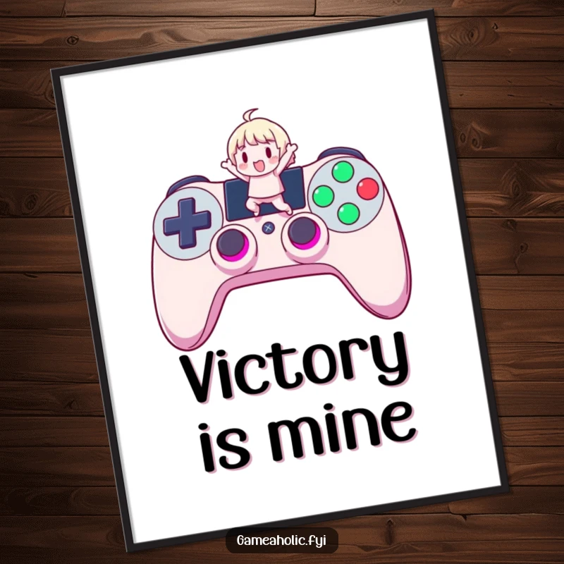 Funny Gamer Digital Art Print: High-resolution printable art of a cute character jumping on a giant, glowing controller button, ideal for gaming decor.