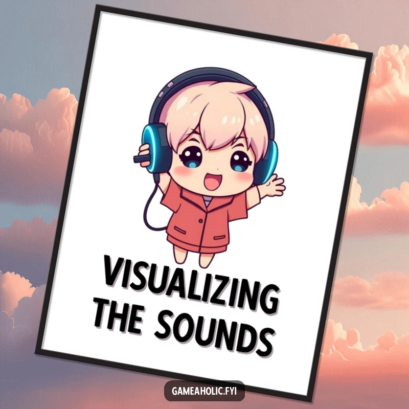 Funny digital art of an enthusiastic gamer character holding up a glowing gaming headset, symbolizing immersive audio and gaming passion.