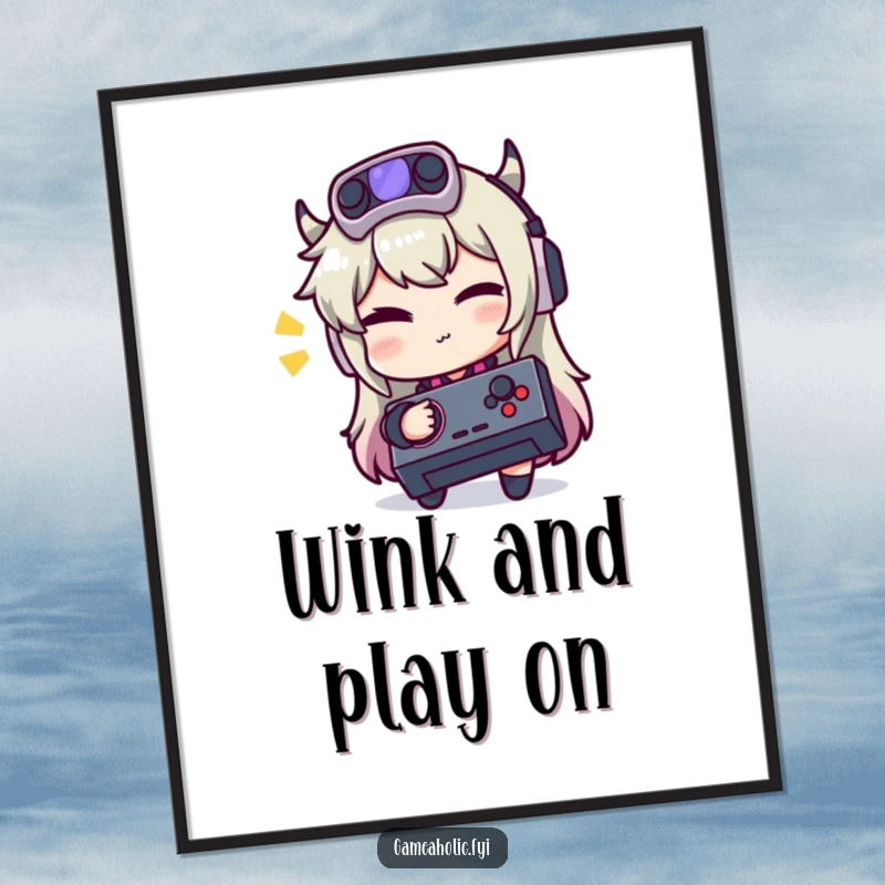 Funny digital art of a gamer character winking playfully while holding a joystick.