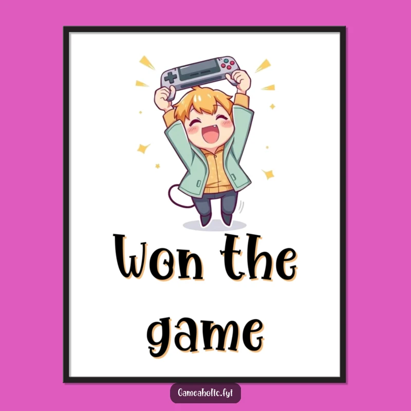 Funny Gamer Victory Digital Art: Joyful Character Tosses Gamepad, Instant Decor