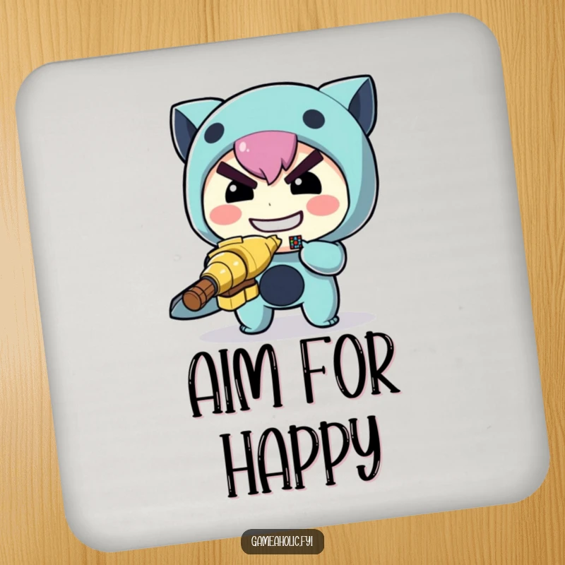 Funny archer coaster with a determined character aiming a small, pixelated target, perfect for protecting surfaces.