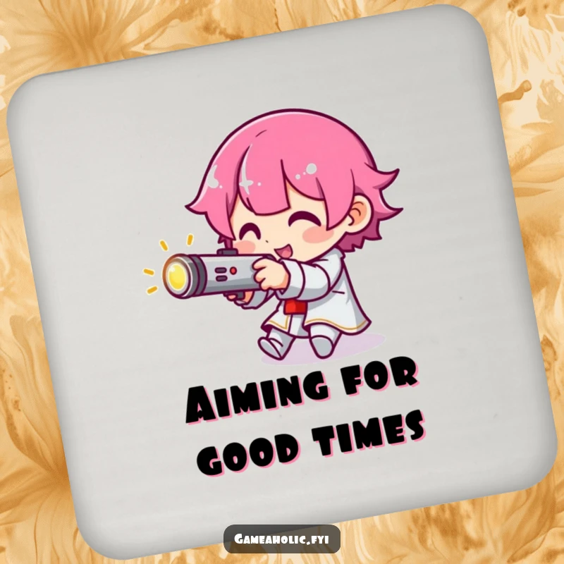 Funny drink coaster with a character aiming a tiny, glowing joystick, adding a focused gamer vibe.