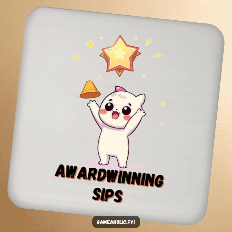 Funny drink coaster featuring a character eagerly reaching for a shiny virtual award, protecting surfaces with ambition.