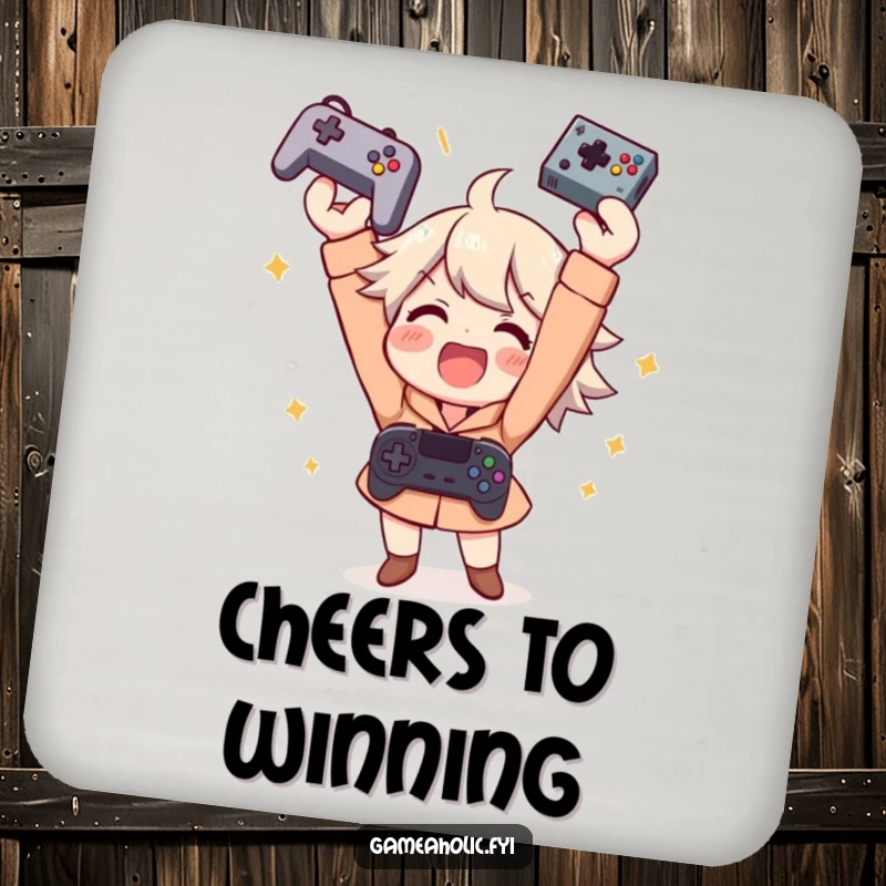 Funny coaster features an ecstatic gamer character throwing a controller in the air, celebrating victory with triumphant flair.