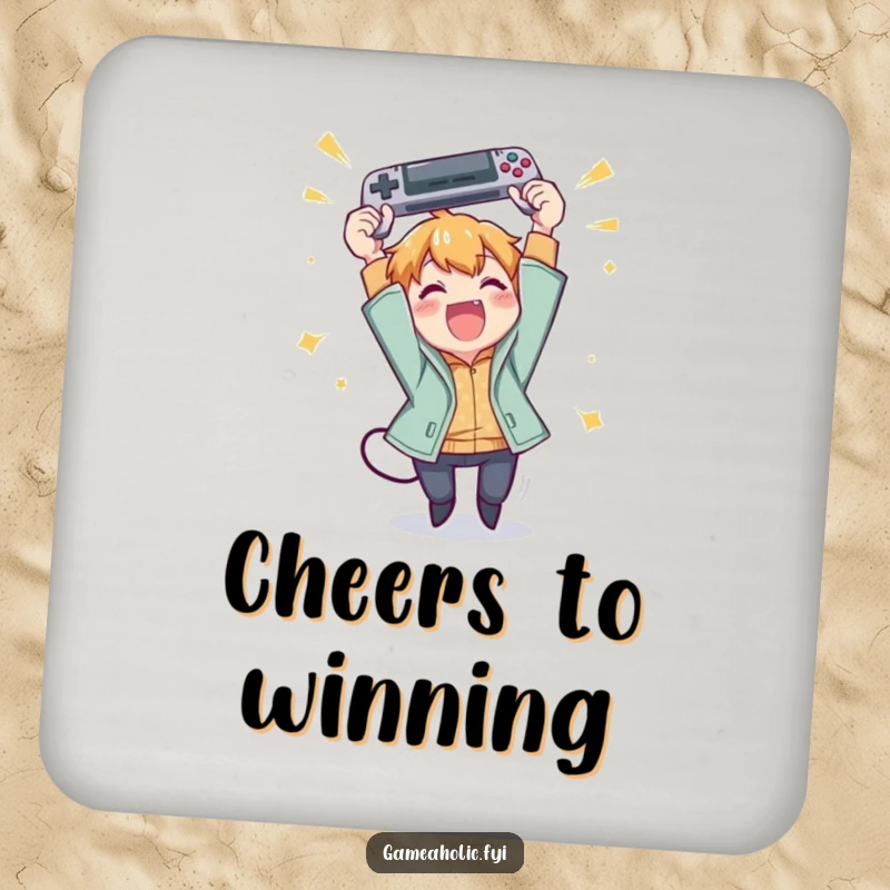 Funny drink coaster with a character excitedly throwing a gamepad in the air with pure joy.