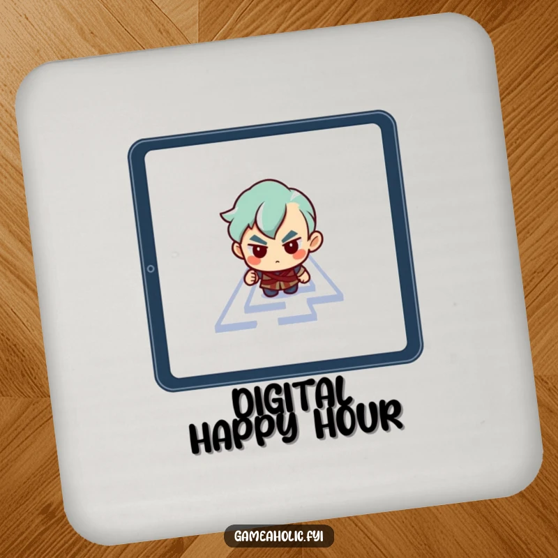 Funny drink coaster displaying a determined character navigating a maze on a tablet screen.