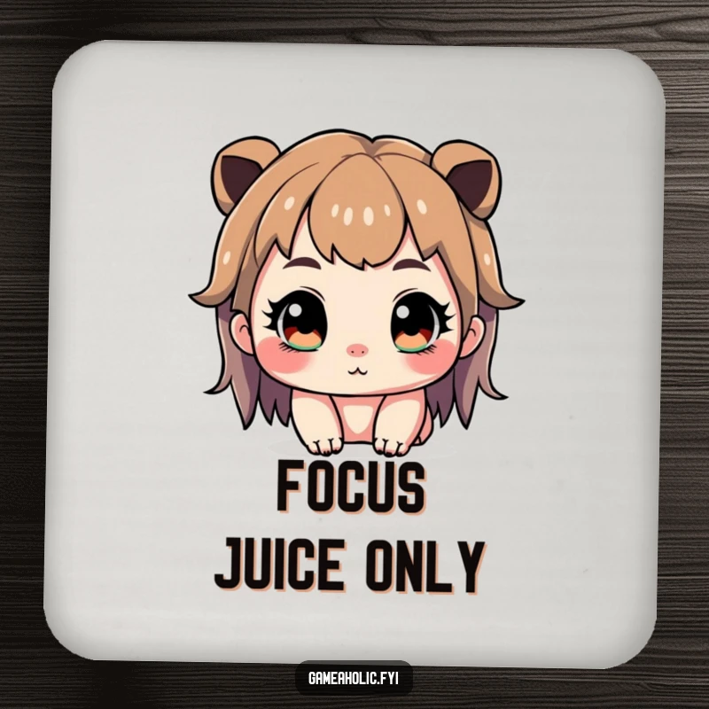Funny drink coaster with a cute character intensely focused, eyes wide and sparkling, ready to protect surfaces.
