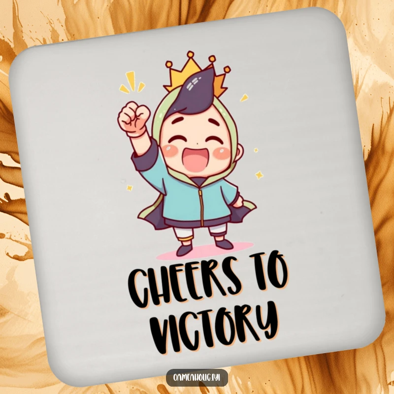 Funny drink coaster showing a character celebrating a win with a triumphant fist pump, adding a celebratory touch to any table.