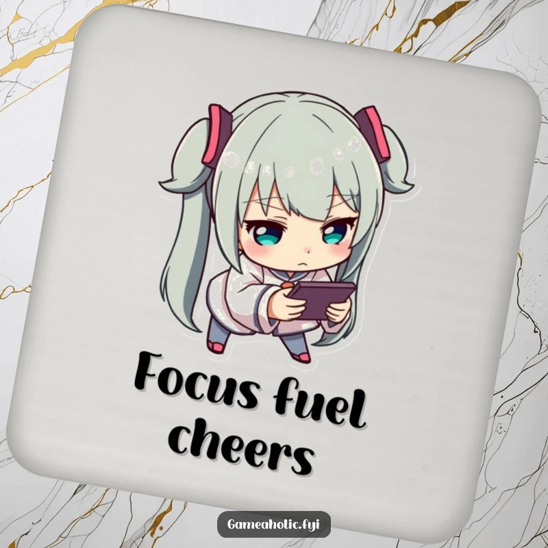 Funny Engrossed Gamer Coaster: A protective coaster featuring a character leaning forward intently, engrossed in a handheld game device.