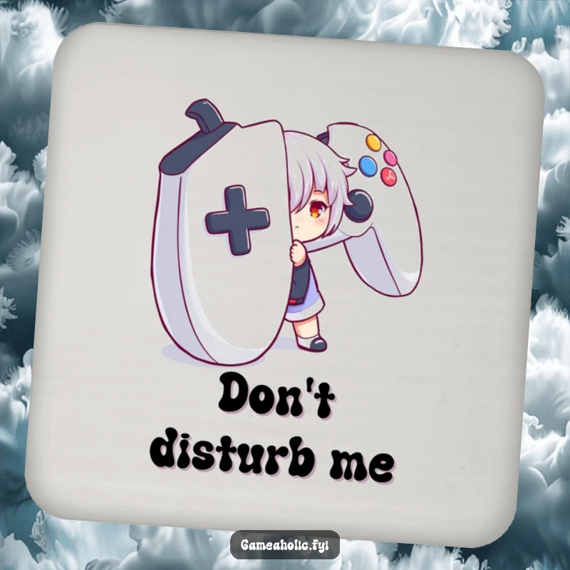 Funny drink coaster featuring a character playfully hiding behind a large game controller, protecting surfaces from moisture.