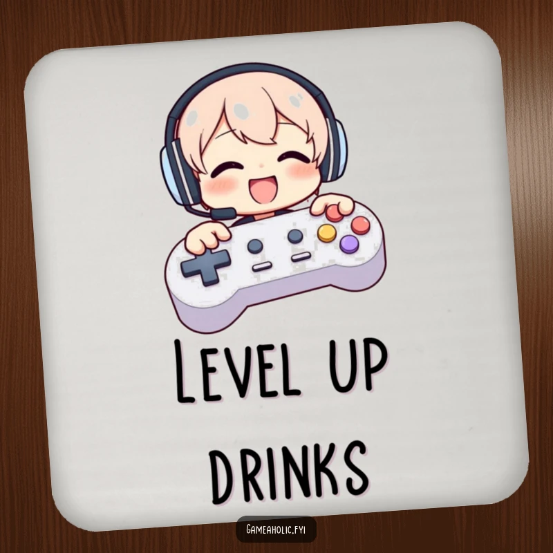 Funny drink coaster with a character wearing headphones, gleefully mashing large game controller buttons.