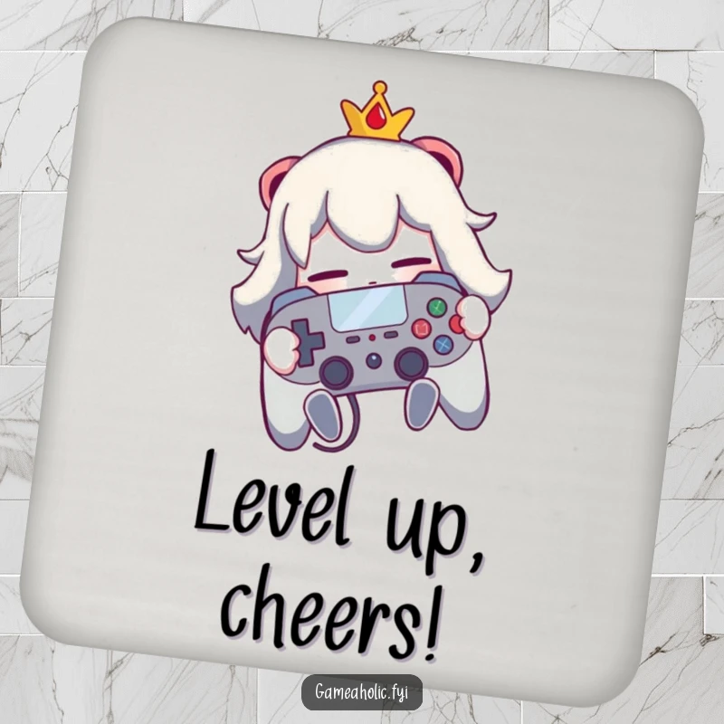 Funny drink coasters with characters hugging video game controllers, protecting surfaces with gamer humor.