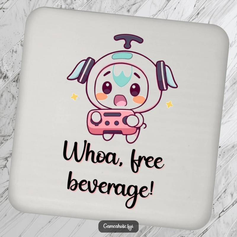 Funny drink coaster with a character surprisedly catching a flying game controller, adding humorous gaming vibes.