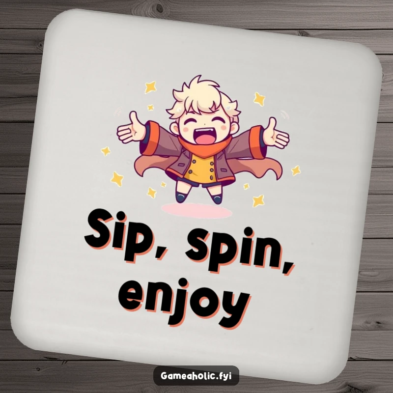 Funny drink coaster featuring a character spinning with arms outstretched, embodying pure gaming energy and protecting surfaces.