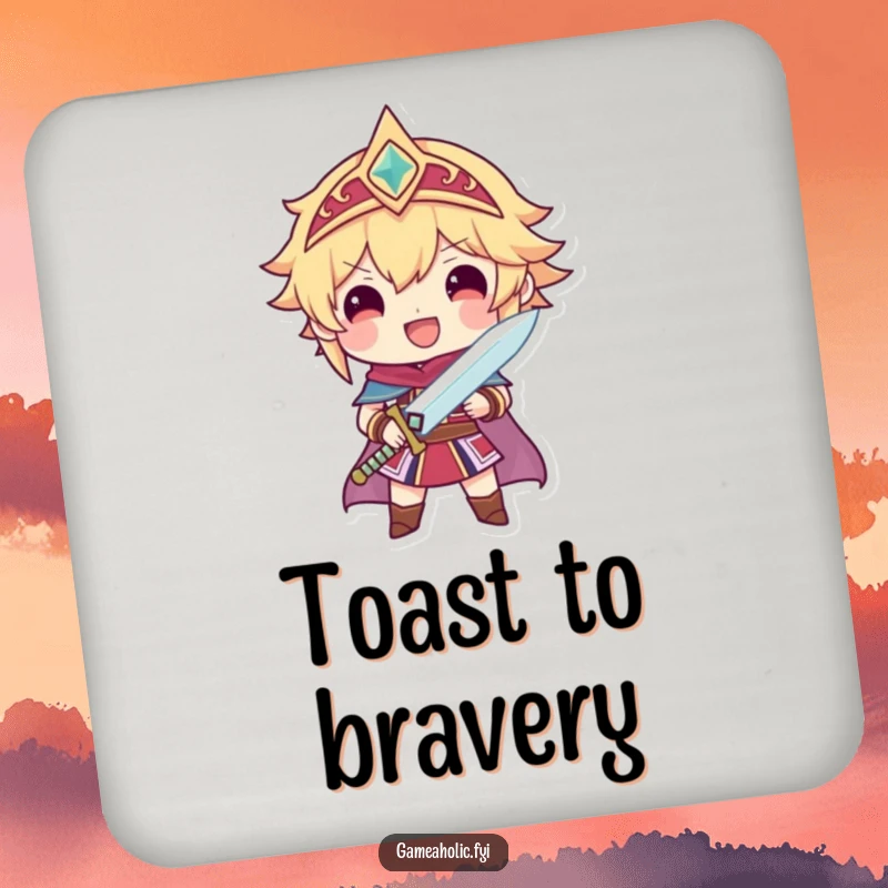 Funny drink coaster with a proud character holding a tiny, sparkling sword, symbolizing heroism and victory.