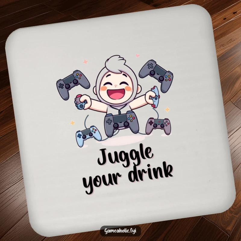 Funny drink coaster with a giggling character juggling multiple game controllers, offering surface protection with gamer charm.