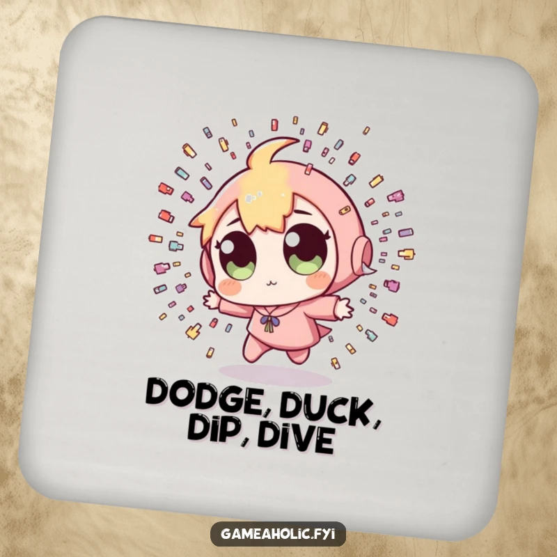 Funny Pixel Bullet Coaster: A coaster featuring a character with wide eyes dodging tiny pixelated bullets, perfect for protecting surfaces.