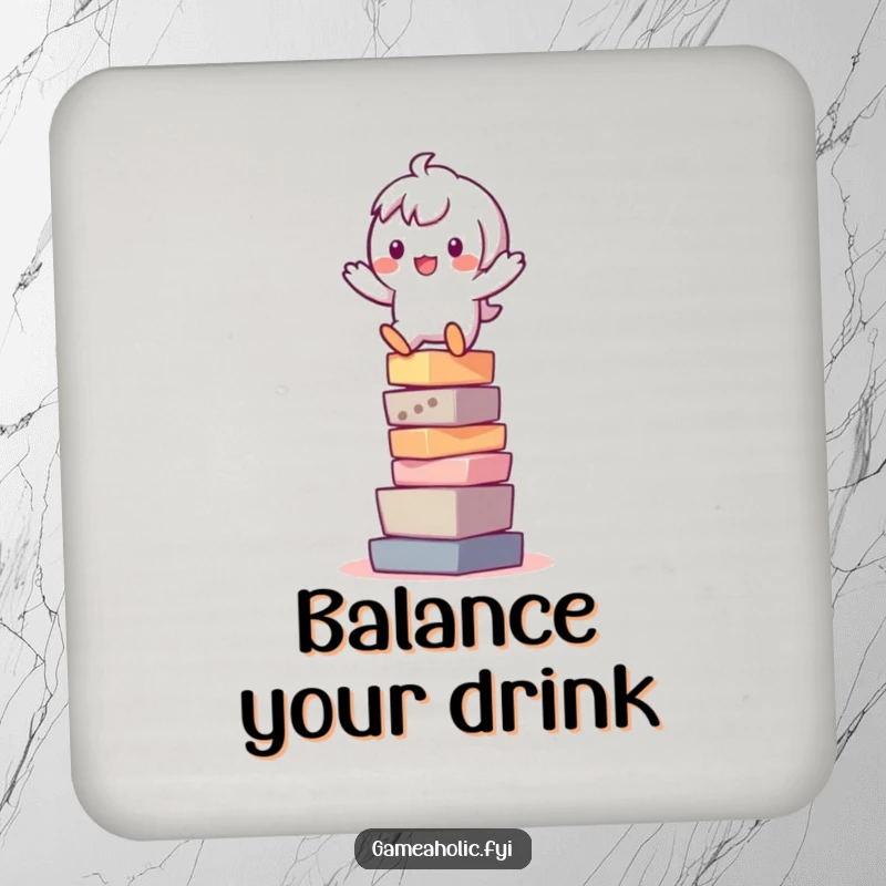 Funny drink coaster with a playful character precariously balanced on a stack of pixels, offering surface protection with digital flair.