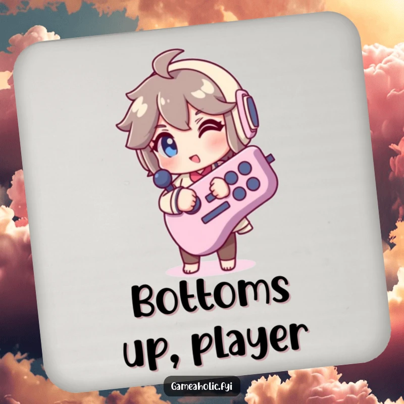 Funny Coaster: A character winks holding a large joystick, offering a humorous and protective surface for drinks, celebrating retro gaming.