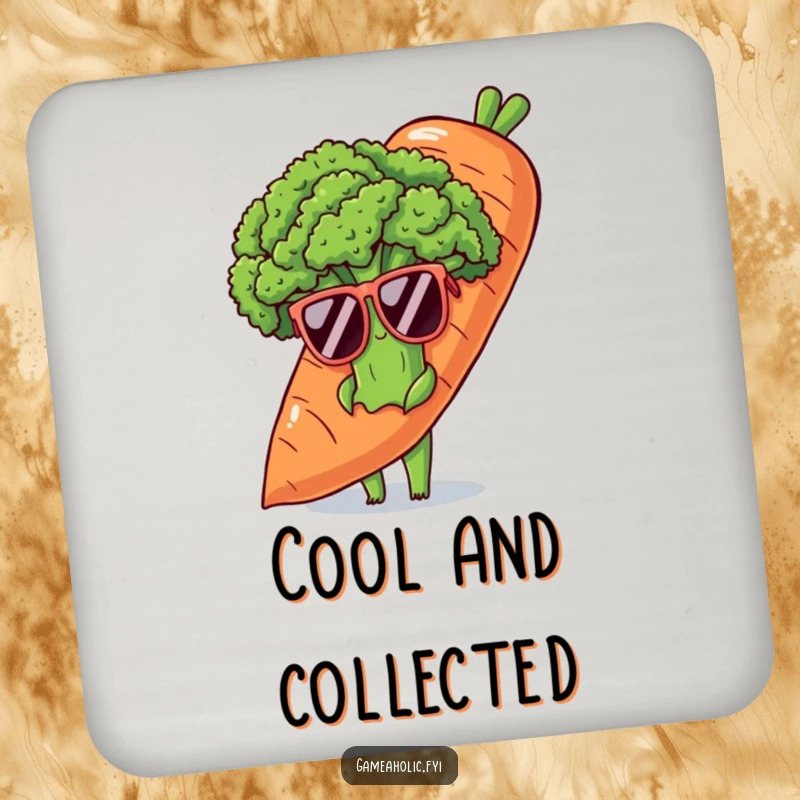 Funny coaster featuring a shy broccoli stalk in sunglasses, peeking from behind a carrot, perfect for adding cool charm.