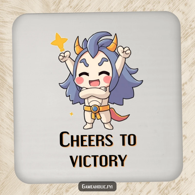 Funny drink coaster showcasing a character in a triumphant crossed-arm pose, guarding surfaces with victorious pride.