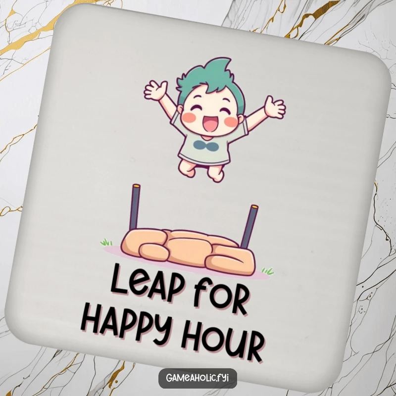 Funny drink coaster with a character excitedly leaping over a virtual obstacle with arms outstretched.