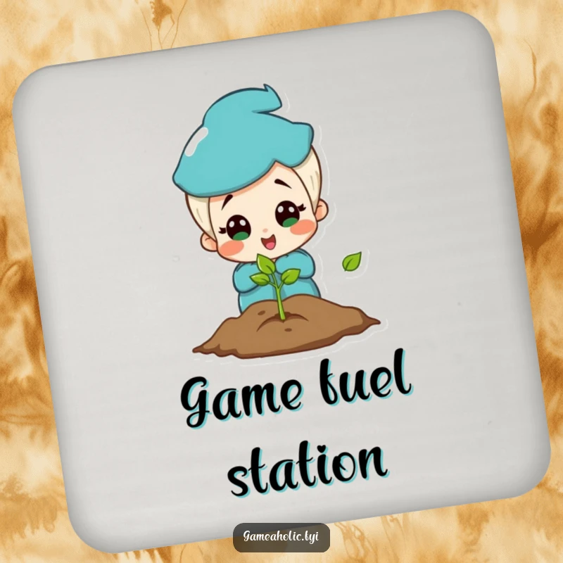 Funny drink coaster with a charming character in awe of a luminous video game screen, ready to catch condensation.