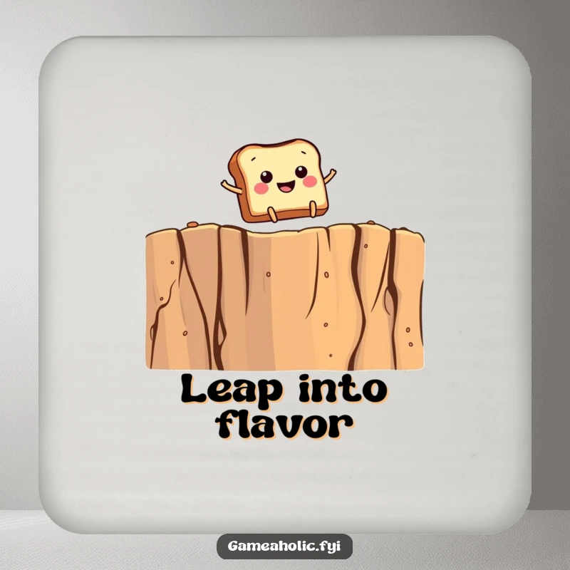 Funny coaster featuring smiling toast with tiny legs leaping over a giant crumb cliff, perfect for breakfast tables.