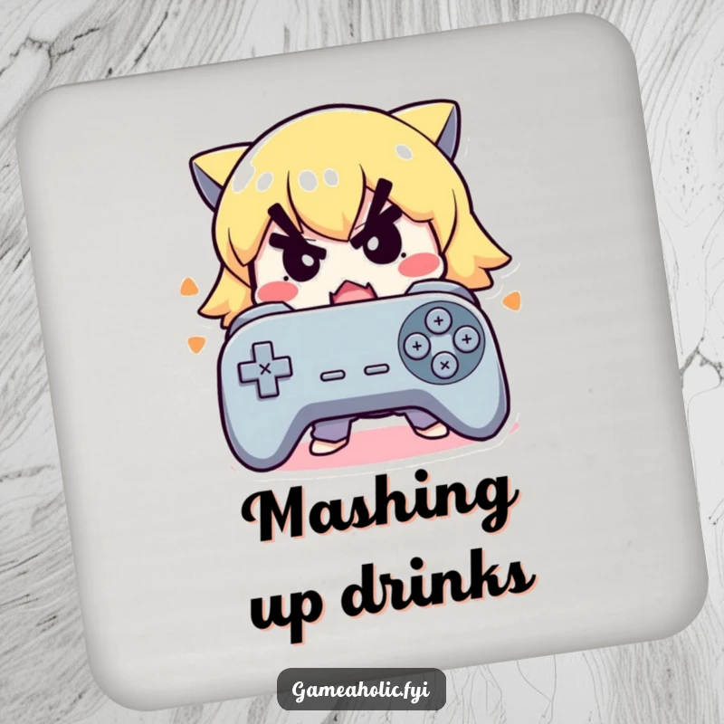 Funny drink coaster with a cute character with a determined expression frantically mashing buttons on a controller.
