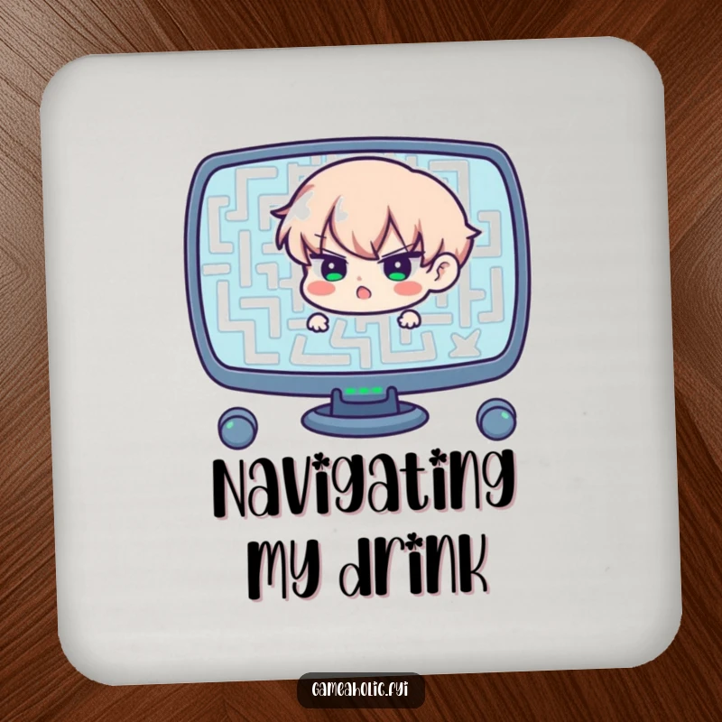 Funny drink coaster featuring a determined character navigating a complex maze on a screen, a humorous and practical home accessory.