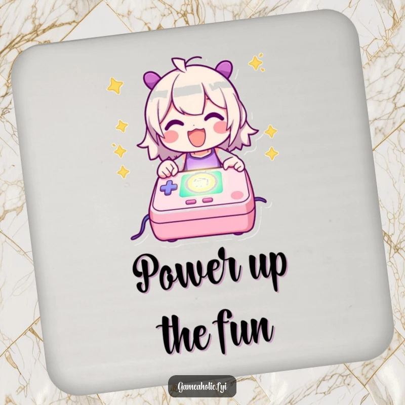 Funny Drink Coaster with a character happily powering up a glowing game console, adding humorous gamer style to any surface.