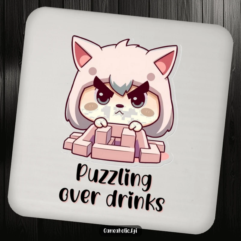 Funny drink coaster featuring a character with a determined face, focused on solving a tiny, challenging maze.